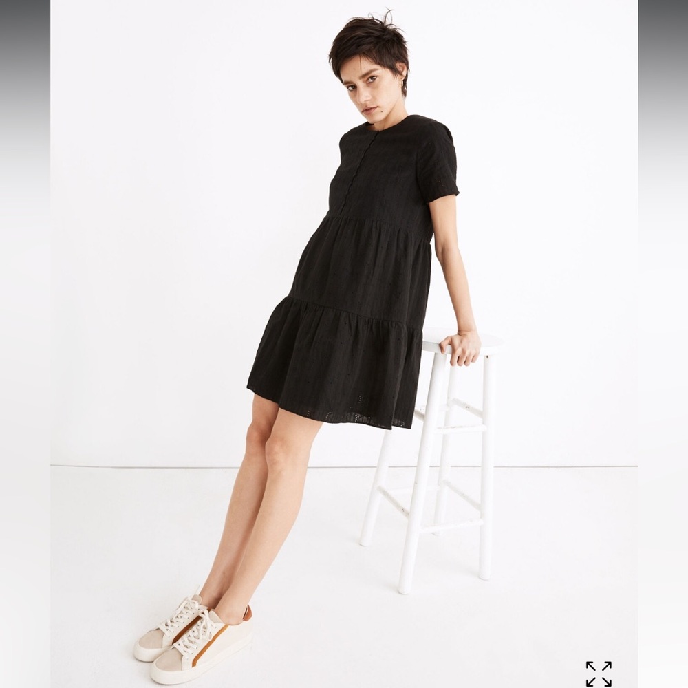 Madewell Embroidered Eyelet Button-Front Tiered Mini Dress in true black
